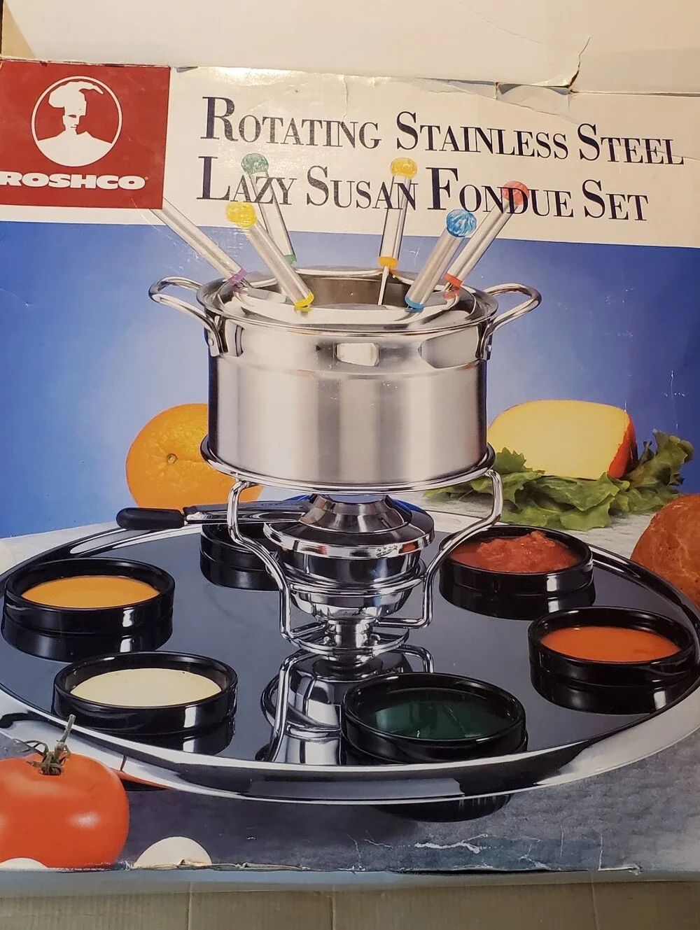 New Vintage Dead Stock Roshco Rotating Stainless Steel Lazy Susan Fondue Set